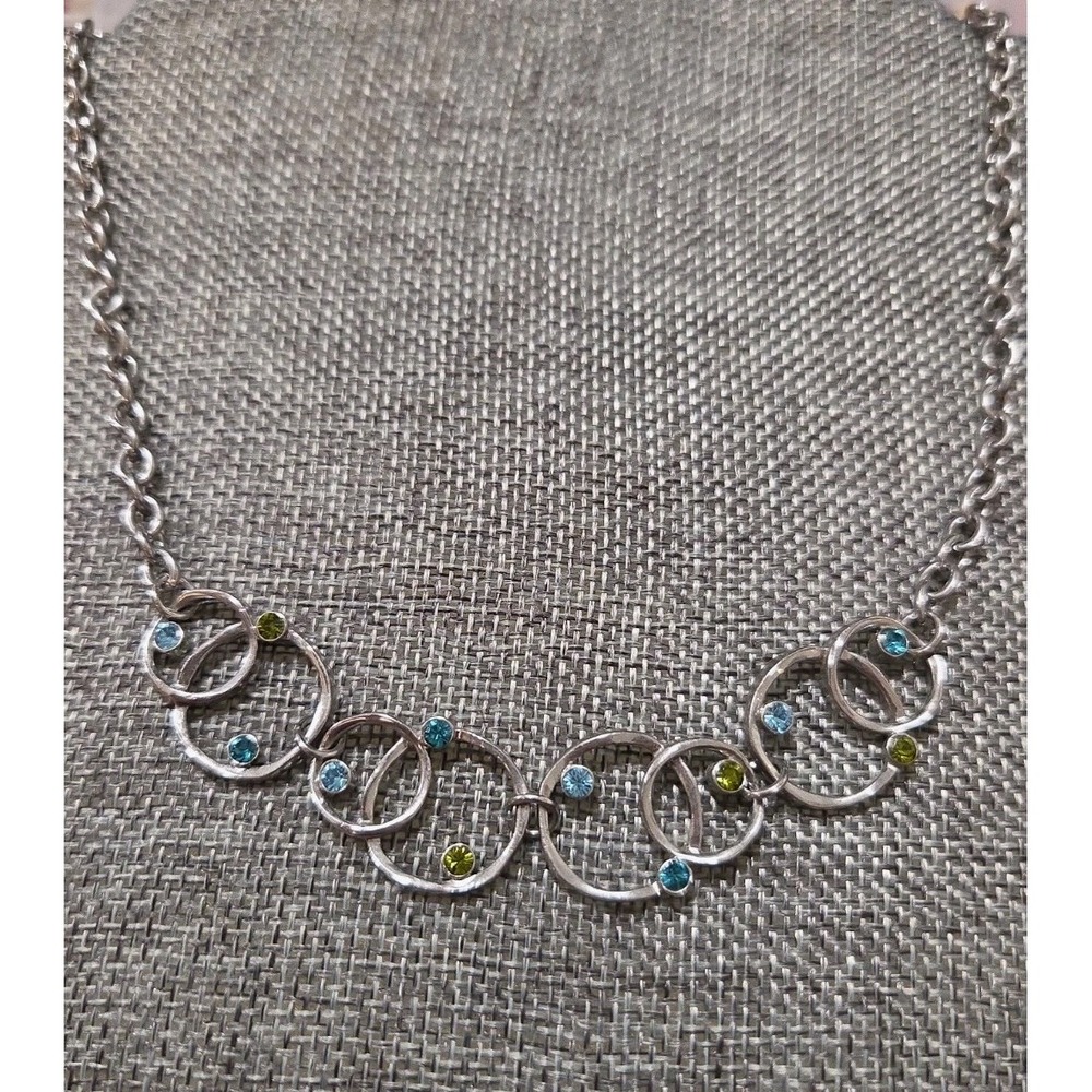 M4M Signed Blue Green Crystal Necklace Silver Tone Circle Chain Link 18" Length